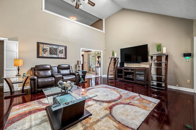 1712 Lake Grassland W, Gallatin, TN 37066 - living room with wood finished floors, a ceiling fan, baseboards, and high vaulted ceiling