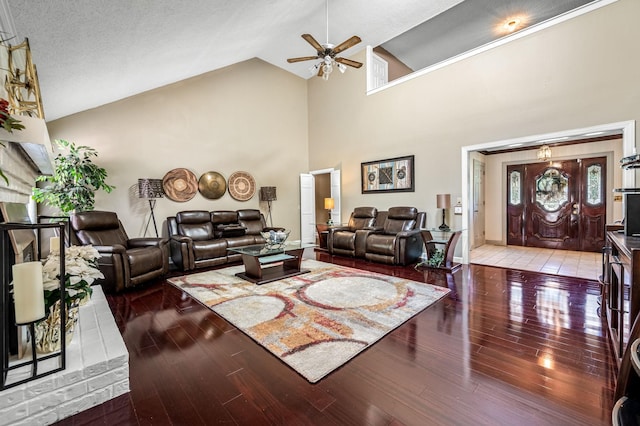 1712 Lake Grassland W, Gallatin, TN 37066 - living room featuring wood finished floors, high vaulted ceiling, ceiling fan, and plenty of natural light