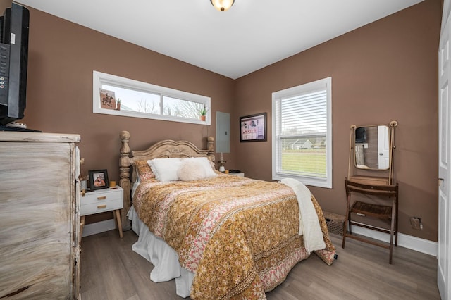 bedroom with baseboards, multiple windows, and wood finished floors