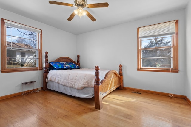 bedroom featuring light wood finished floors, visible vents, multiple windows, and baseboards