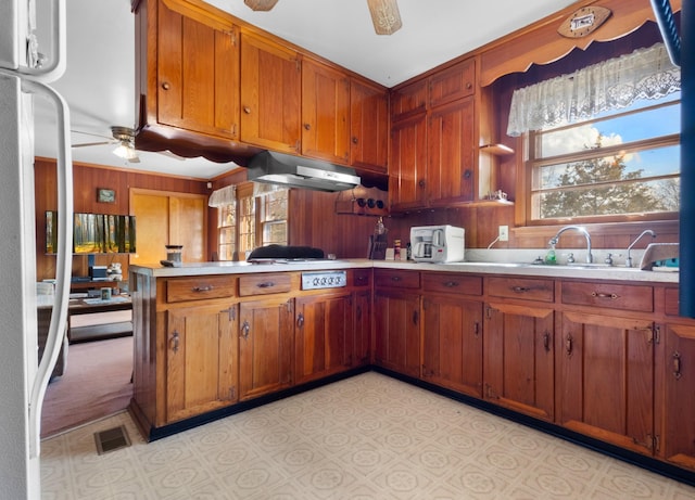 kitchen with visible vents, a ceiling fan, under cabinet range hood, a peninsula, and light countertops