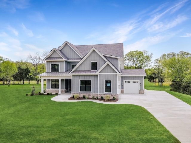 7004 Twelve Corners Rd, Lascassas, TN 37085 - craftsman inspired home with a standing seam roof, driveway, roof with shingles, a front lawn, and board and batten siding