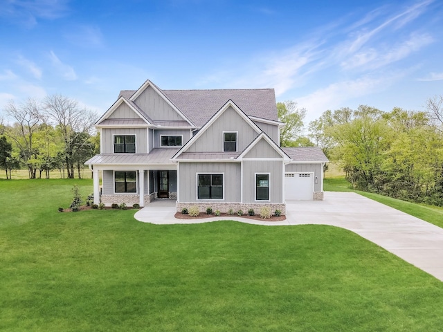 7004 Twelve Corners Rd, Lascassas, TN 37085 - view of front of home with concrete driveway, a standing seam roof, a front yard, and board and batten siding