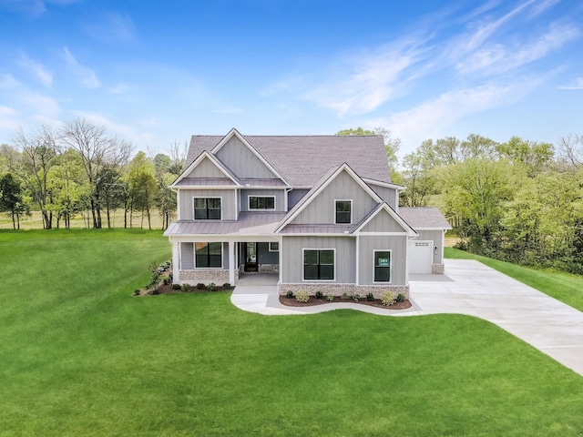 7004 Twelve Corners Rd, Lascassas, TN 37085 - view of front facade featuring concrete driveway, a standing seam roof, board and batten siding, a front lawn, and a porch