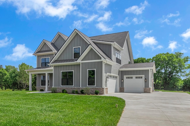 7004 Twelve Corners Rd, Lascassas, TN 37085 - view of front of home featuring concrete driveway, board and batten siding, a front lawn, an attached garage, and brick siding