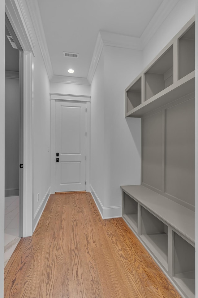 7004 Twelve Corners Rd, Lascassas, TN 37085 - mudroom featuring ornamental molding, baseboards, light wood-type flooring, and recessed lighting