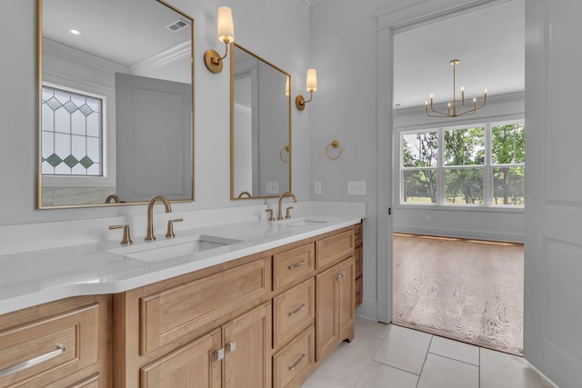 7004 Twelve Corners Rd, Lascassas, TN 37085 - bathroom featuring ornamental molding, a chandelier, double vanity, and tile patterned floors