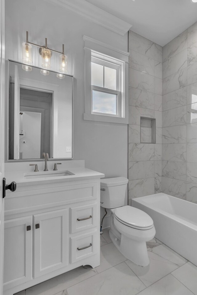 7004 Twelve Corners Rd, Lascassas, TN 37085 - bathroom with marble look tiles, toilet, vanity, and washtub / shower combination