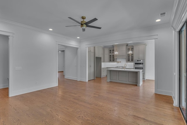 7004 Twelve Corners Rd, Lascassas, TN 37085 - unfurnished living room featuring a ceiling fan, baseboards, ornamental molding, light wood finished floors, and recessed lighting