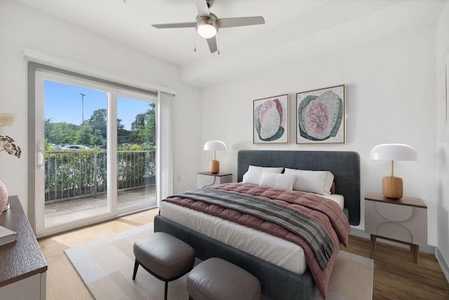 bedroom with wood finished floors, a ceiling fan, and access to outside