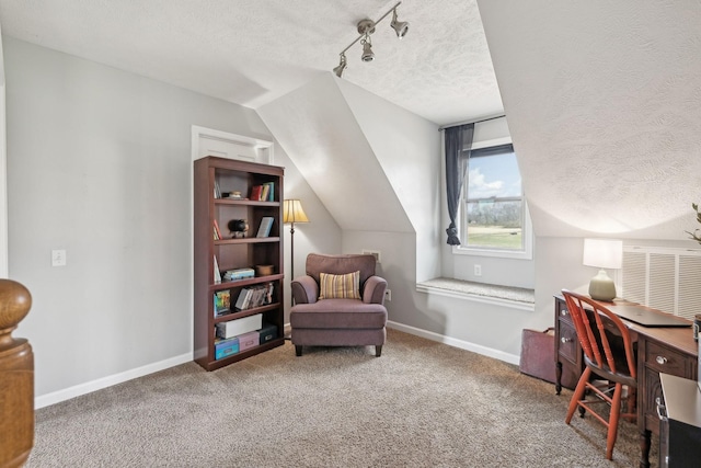 sitting room featuring vaulted ceiling, carpet, baseboards, and a textured ceiling