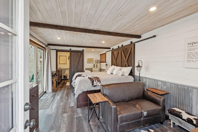 bedroom featuring dark wood-style floors, recessed lighting, a barn door, beamed ceiling, and wooden ceiling