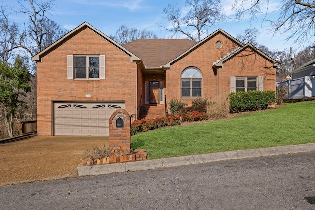 single story home featuring brick siding, driveway, a front lawn, and an attached garage