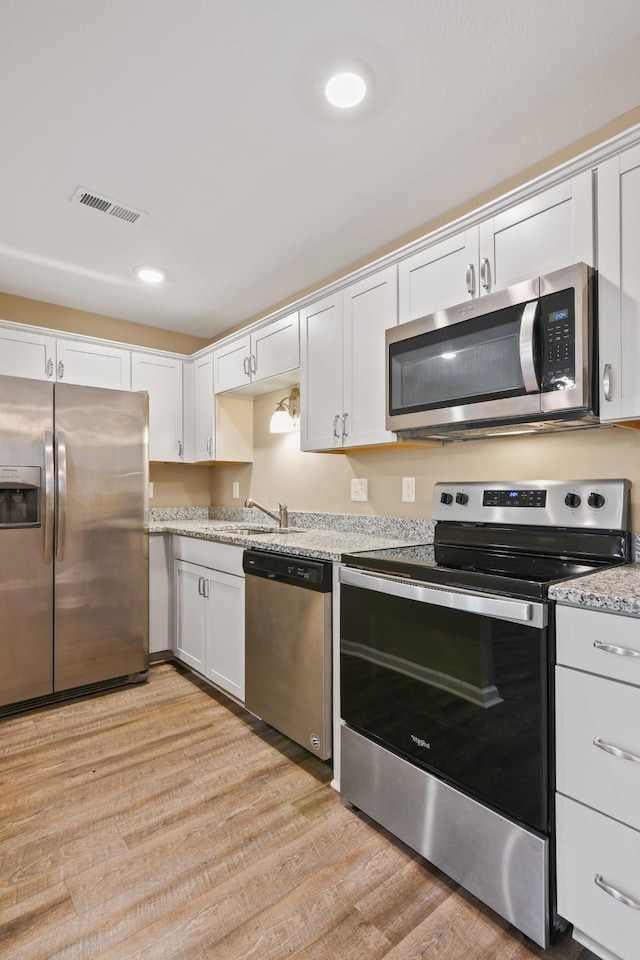 kitchen with visible vents, a sink, appliances with stainless steel finishes, white cabinets, and light wood finished floors