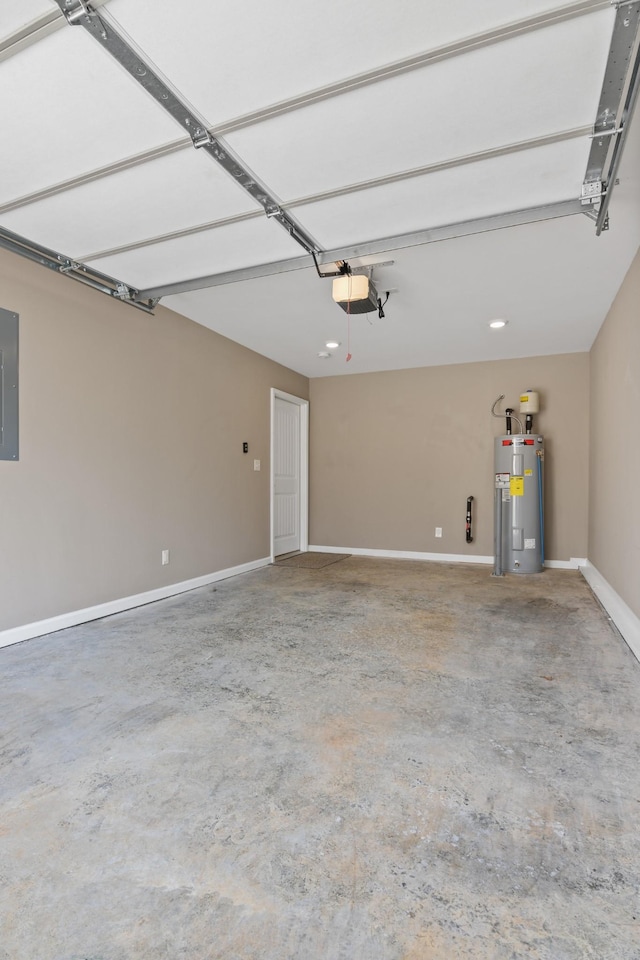 garage featuring electric panel, a garage door opener, baseboards, and electric water heater