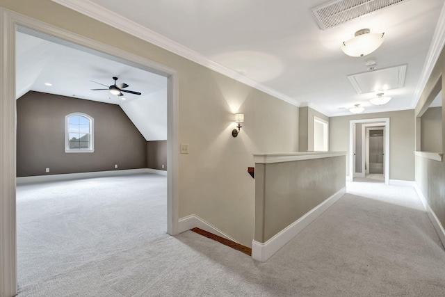 2821 Brentwood Knoll Ct, Nashville, TN 37211 - hallway featuring attic access, carpet floors, baseboards, lofted ceiling, and ornamental molding