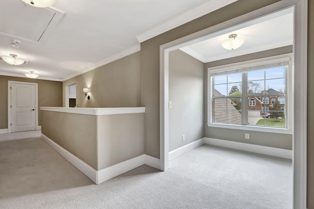 2821 Brentwood Knoll Ct, Nashville, TN 37211 - hallway featuring carpet floors, attic access, crown molding, baseboards, and an upstairs landing