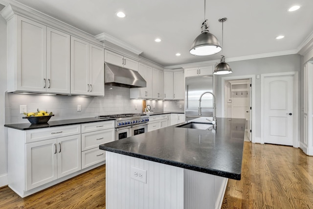 2821 Brentwood Knoll Ct, Nashville, TN 37211 - kitchen with under cabinet range hood, high quality appliances, ornamental molding, dark countertops, and a sink
