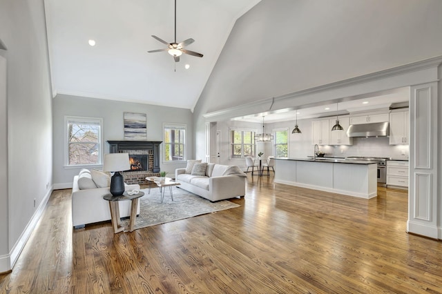 2821 Brentwood Knoll Ct, Nashville, TN 37211 - living area featuring a ceiling fan, a fireplace, healthy amount of natural light, high vaulted ceiling, and wood finished floors