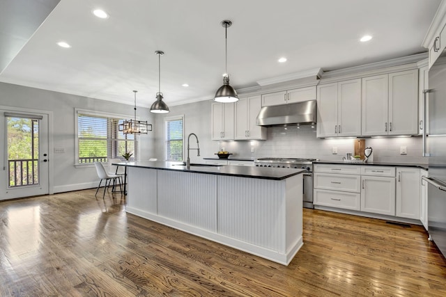 2821 Brentwood Knoll Ct, Nashville, TN 37211 - kitchen with under cabinet range hood, high end stainless steel range oven, a sink, dark countertops, and recessed lighting