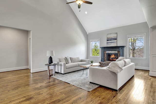 2821 Brentwood Knoll Ct, Nashville, TN 37211 - living area with plenty of natural light, ceiling fan, high vaulted ceiling, a brick fireplace, and ornamental molding