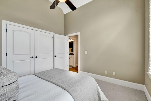 2821 Brentwood Knoll Ct, Nashville, TN 37211 - bedroom with baseboards, high vaulted ceiling, a closet, carpet flooring, and ceiling fan