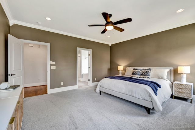 2821 Brentwood Knoll Ct, Nashville, TN 37211 - carpeted bedroom featuring ornamental molding, baseboards, recessed lighting, a ceiling fan, and ensuite bath
