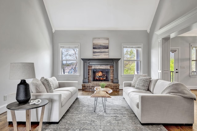 2821 Brentwood Knoll Ct, Nashville, TN 37211 - living area with crown molding, vaulted ceiling, wood finished floors, a fireplace, and baseboards