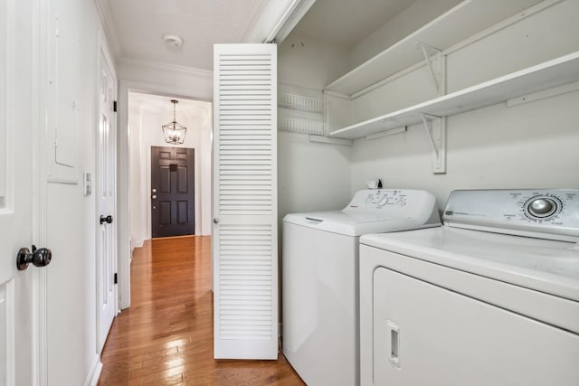 102 Foxborough Sq W, Brentwood, TN 37027 - clothes washing area featuring ornamental molding, washing machine and dryer, and light wood-type flooring