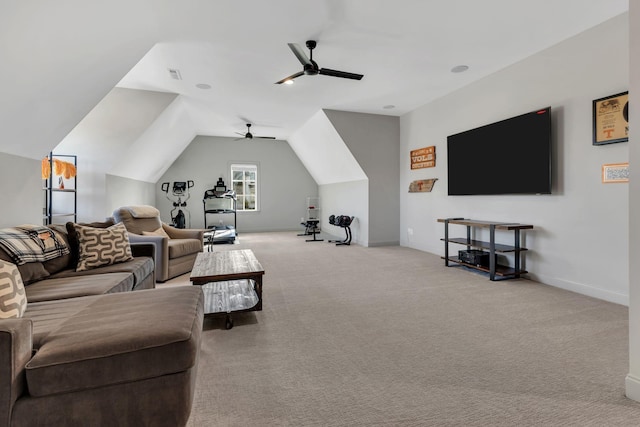 carpeted living room featuring baseboards, visible vents, ceiling fan, and lofted ceiling