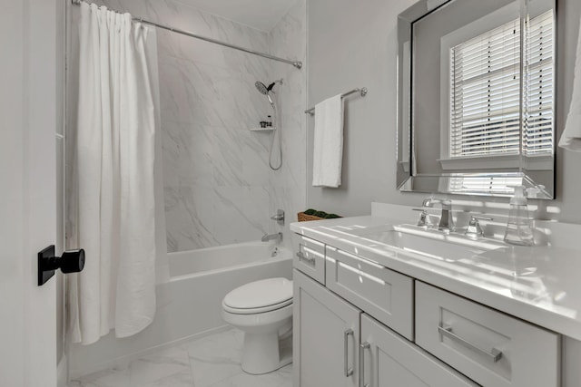 bathroom with shower / bath combo, vanity, toilet, and marble finish floor