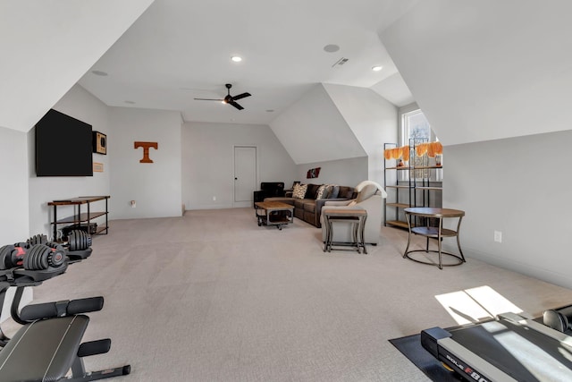 workout area featuring vaulted ceiling, light carpet, ceiling fan, baseboards, and visible vents