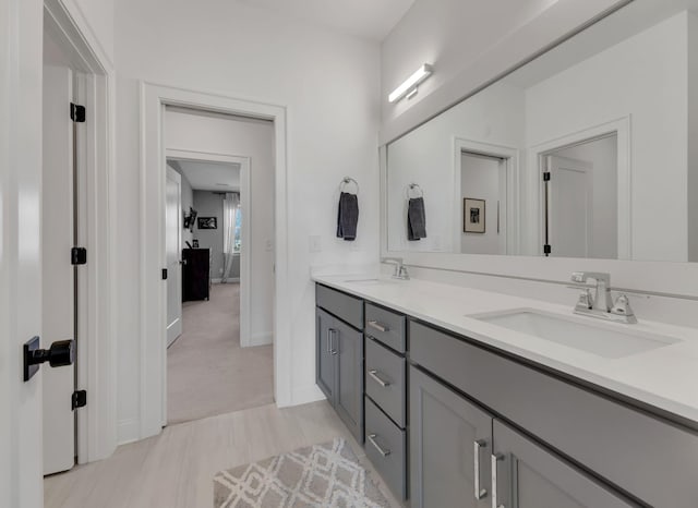 bathroom featuring double vanity, wood finished floors, baseboards, and a sink