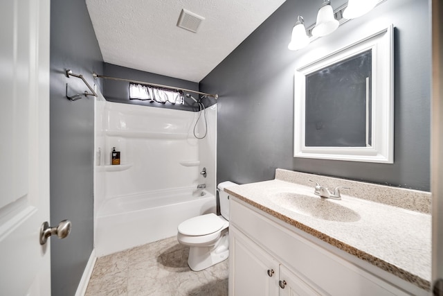 full bath with a textured ceiling, vanity, visible vents,  shower combination, and toilet