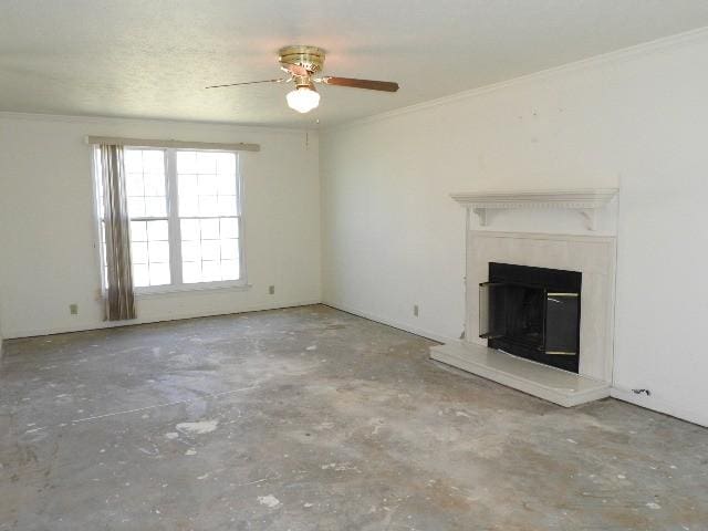 203 Valleydale St, Smyrna, TN 37167 - unfurnished living room featuring concrete floors, ceiling fan, a high end fireplace, and crown molding
