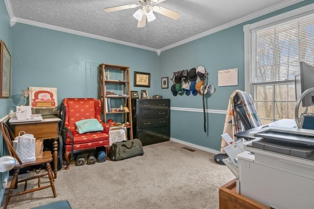 109 Robin Hood Rd, Dickson, TN 37055 - office with crown molding, ceiling fan, carpet flooring, and a textured ceiling