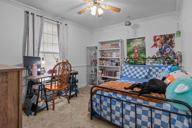 109 Robin Hood Rd, Dickson, TN 37055 - bedroom featuring carpet flooring, a ceiling fan, crown molding, and a textured ceiling