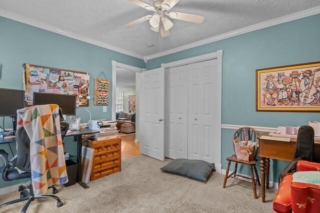 109 Robin Hood Rd, Dickson, TN 37055 - carpeted home office featuring crown molding, a textured ceiling, and ceiling fan