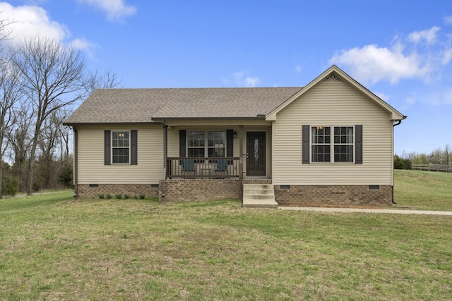 ranch-style home with crawl space, covered porch, a front lawn, and a shingled roof