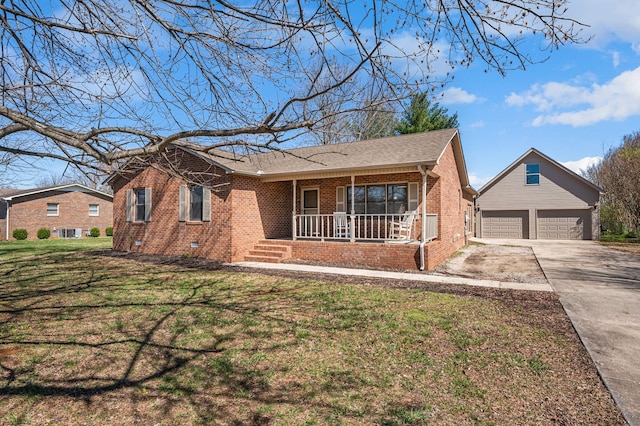 ranch-style home with a front lawn, covered porch, concrete driveway, a garage, and brick siding