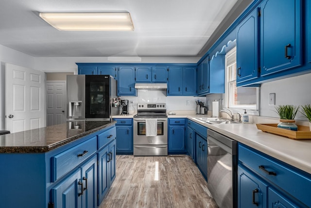kitchen featuring blue cabinetry, under cabinet range hood, light wood-type flooring, appliances with stainless steel finishes, and a sink
