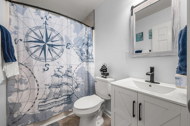 full bathroom with vanity, curtained shower, and toilet