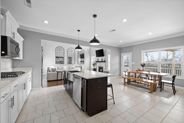 1044 Thrasher Dr, Clarksville, TN 37040 - kitchen with visible vents, crown molding, open floor plan, light countertops, and appliances with stainless steel finishes