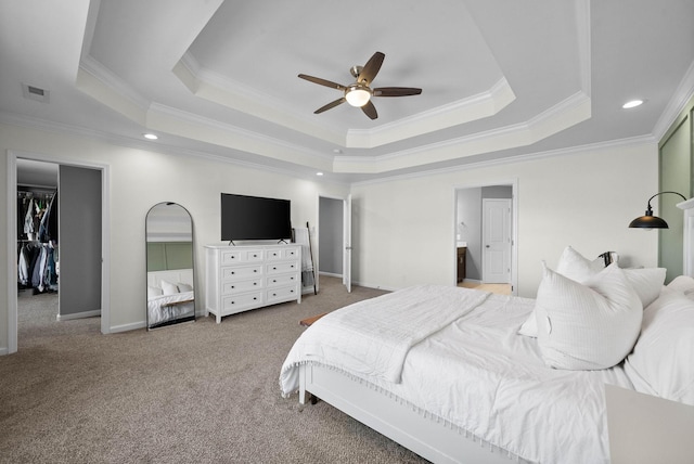 1044 Thrasher Dr, Clarksville, TN 37040 - carpeted bedroom with baseboards, recessed lighting, ceiling fan, crown molding, and a raised ceiling