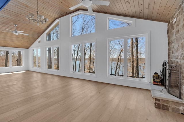 unfurnished living room with light wood-style floors, wooden ceiling, high vaulted ceiling, and ceiling fan with notable chandelier