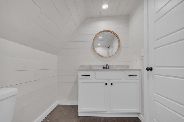 bathroom with toilet, wood finished floors, vanity, and wood walls