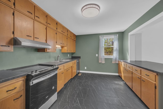 kitchen featuring baseboards, a sink, stainless steel appliances, under cabinet range hood, and marble finish floor