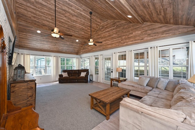 carpeted living room with recessed lighting, high vaulted ceiling, wood ceiling, and a ceiling fan