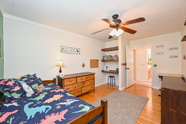 bedroom featuring ceiling fan, baseboards, light wood finished floors, and ornamental molding