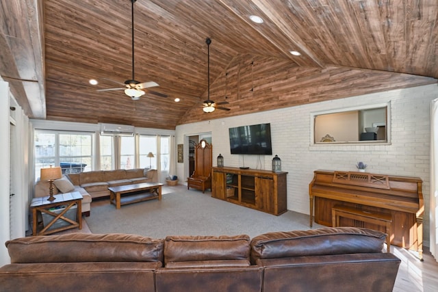 living area featuring a wall mounted AC, brick wall, wood ceiling, ceiling fan, and vaulted ceiling